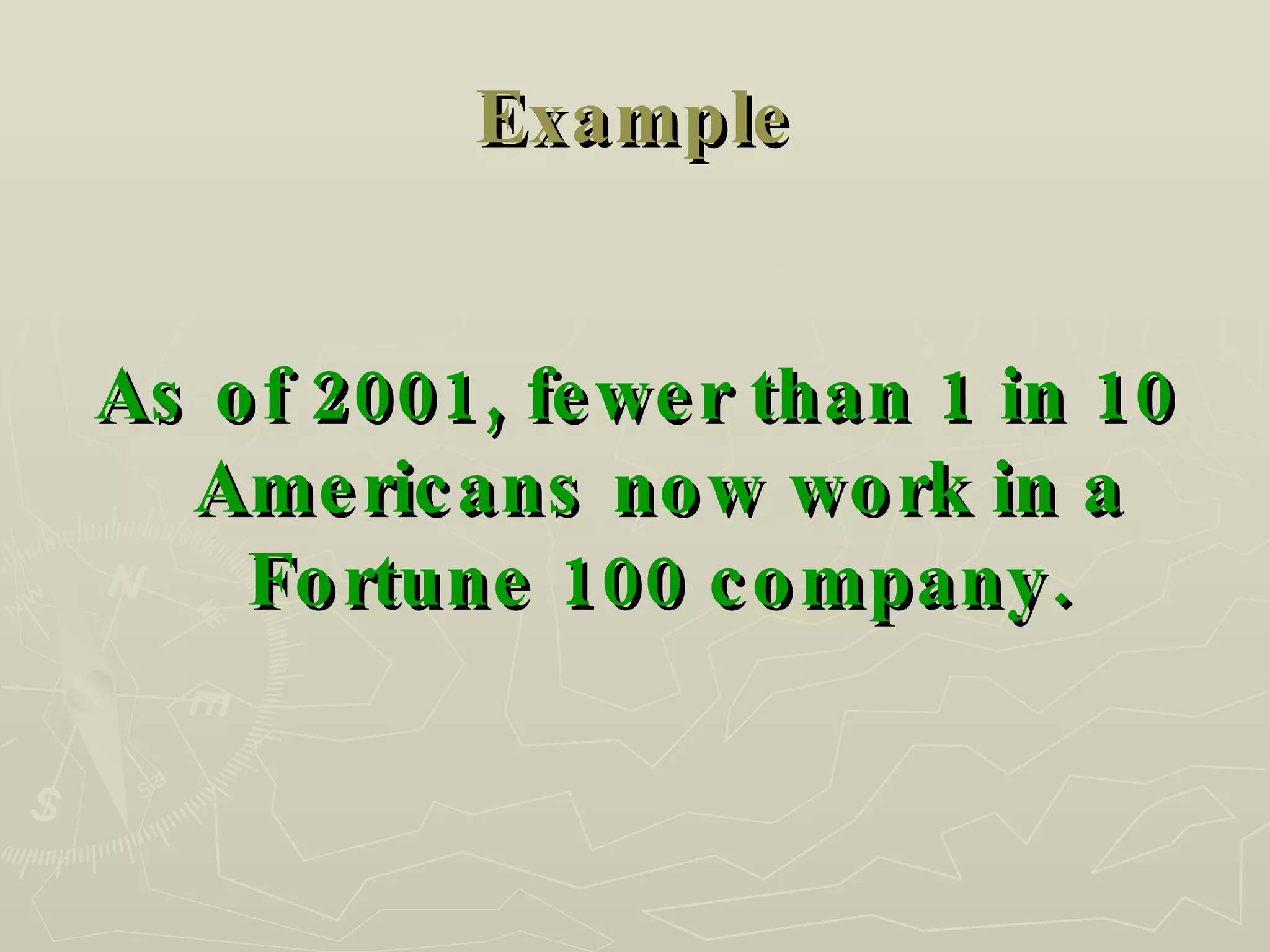 Example As of 2001, fewer than 1 in 10 Americans now work in a Fortune 100 company. 