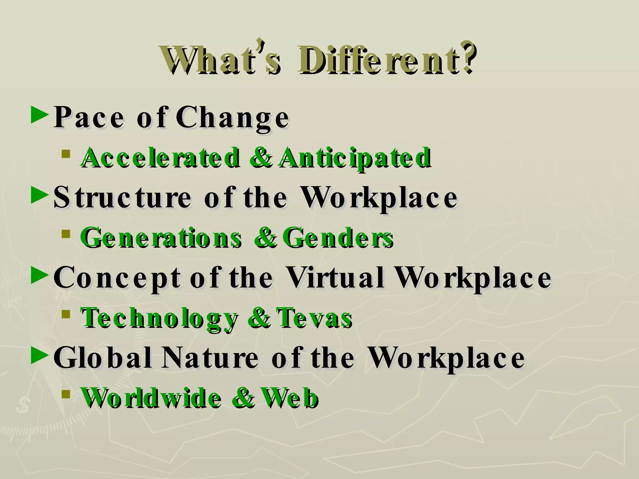 What’s Different? Pace of Change Accelerated & Anticipated Structure of the Workplace Generations & Genders Concept of the Virtual Workplace Technology & Tevas Global Nature of the Workplace Worldwide & Web 