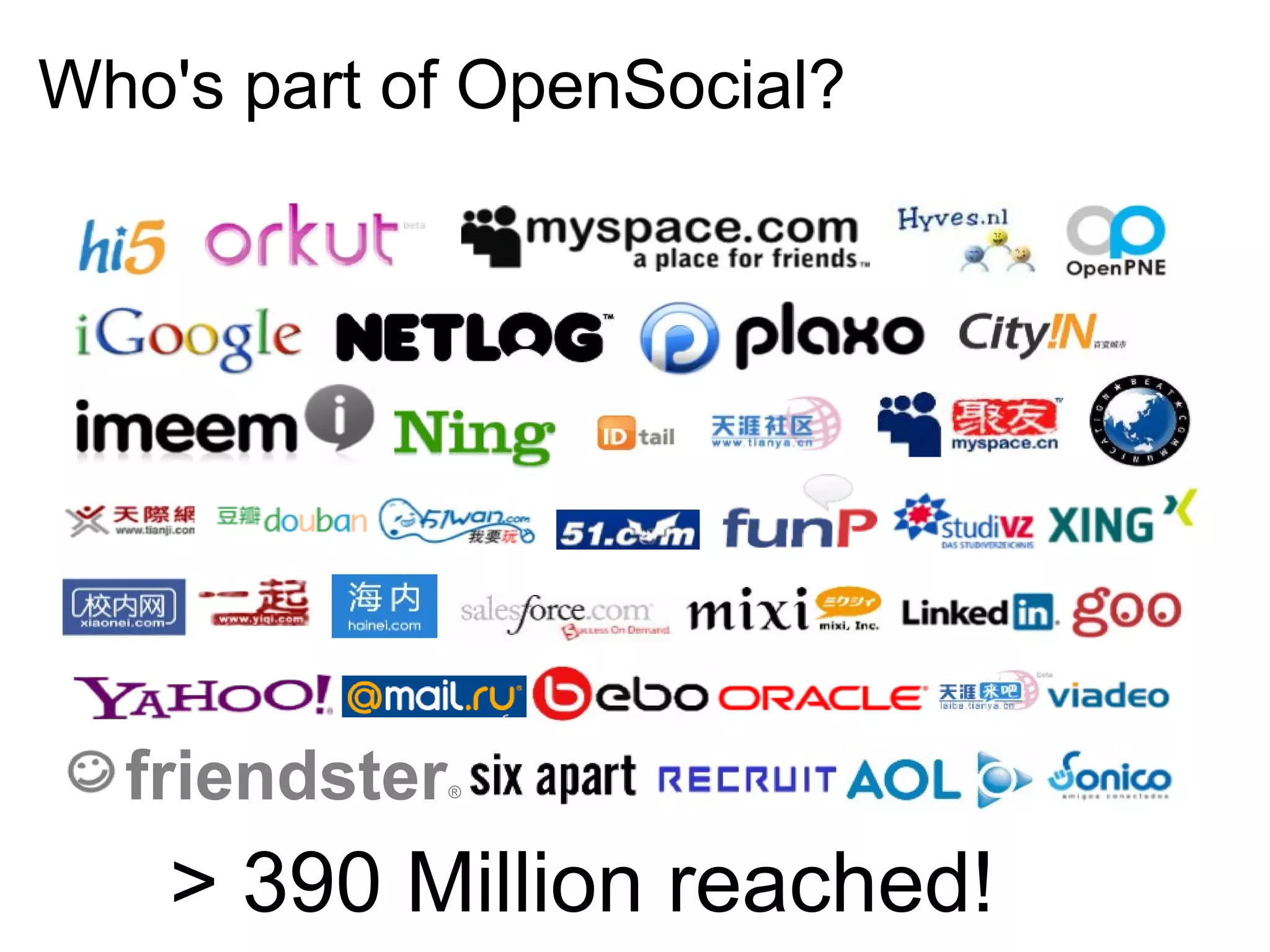 ®friendster
Who's part of OpenSocial?
> 390 Million reached!
 