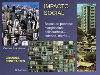 IMPACTO SOCIAL Bolsas de pobreza: marginación, delincuencia... soledad, estrés...   GRANDES CONTRASTES Centros financieros Suburbios 
