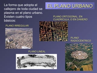 EL PLANO URBANO La forma que adopta el callejero de toda ciudad se plasma en el plano urbano. Existen cuatro tipos básicos: PLANO ORTOGONAL, EN CUADRÍCULA, O EN DAMERO PLANO RADIOCÉNTRICO PLANO LINEAL PLANO IRREGULAR 