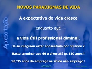 Apresentação NOVOS PARADIGMAS DE VIDA A expectativa de vida cresce enquanto que a vida útil profissional diminui. Já se imaginou estar aposentado por 50 anos ? Basta terminar aos 60 e viver até os 110 anos ! 30/35 anos de emprego vs 70 de não emprego ! 