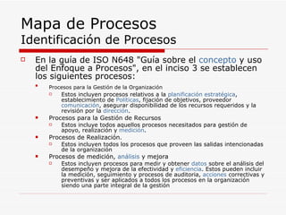 Mapa de Procesos Identificación de Procesos <ul><li>En la guía de ISO N648 &quot;Guía sobre el  concepto  y uso del Enfoqu...