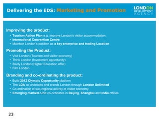 23
Delivering the EDS: Marketing and Promotion
Improving the product:
• Tourism Action Plan e.g. improve London’s visitor accommodation.
• International Convention Centre
• Maintain London’s position as a key enterprise and trading Location
Promoting the Product:
• Visit London (Tourism and visitor economy)
• Think London (Investment opportunity)
• Study London (Higher Education offer)
• Film London
Branding and co-ordinating the product:
• Build 2012 Olympic Opportunity platform
• The LDA co-ordinates and brands London through London Unlimited
• Co-ordination of sub-regional activity of visitor economy
• Emerging markets Unit co-ordinates in Beijing, Shanghai and India offices
 