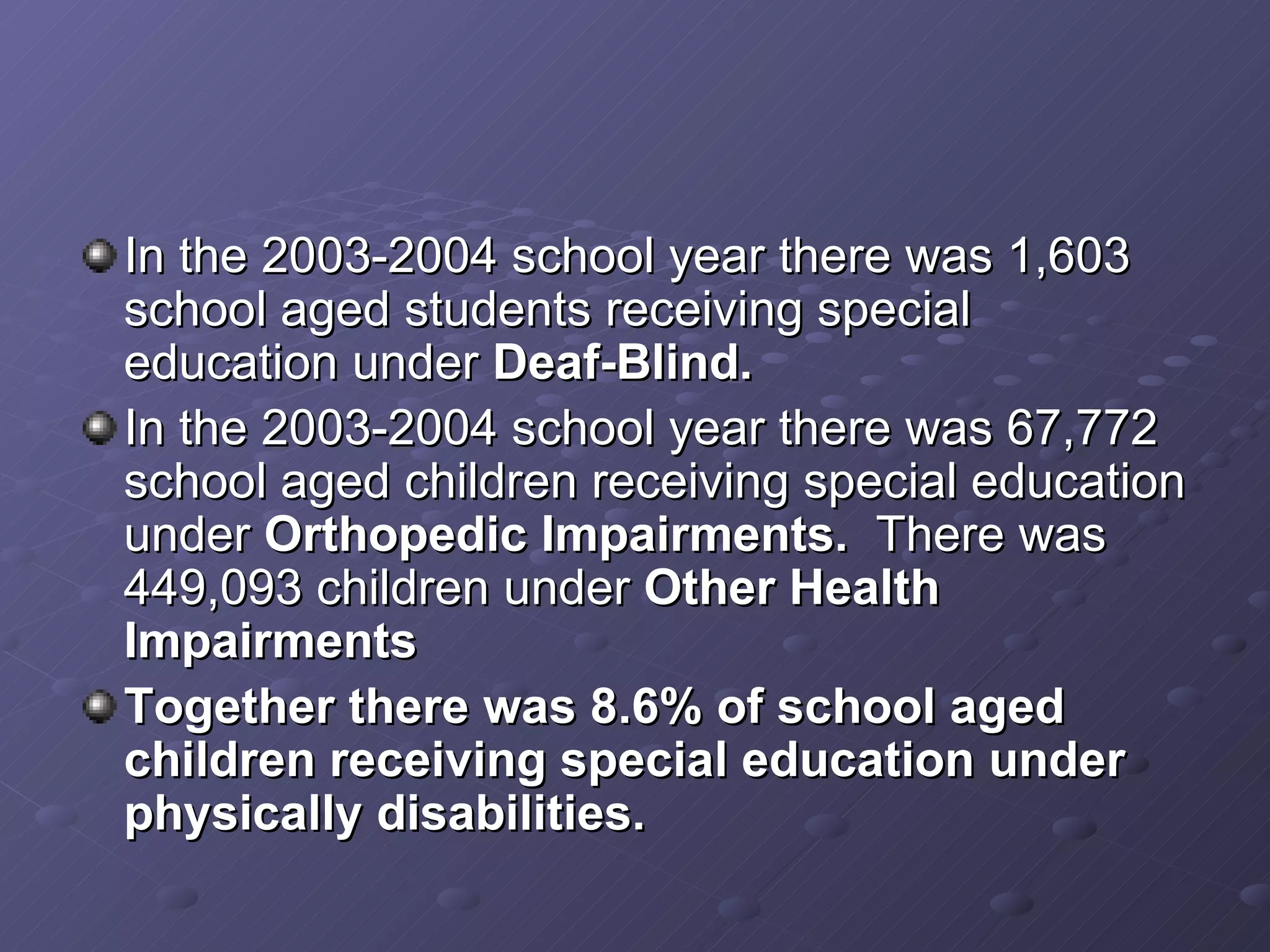 In the 2003-2004 school year there was 1,603 school aged students receiving special education under  Deaf-Blind. In the 2003-2004 school year there was 67,772 school aged children receiving special education under  Orthopedic Impairments.  There was 449,093 children under  Other Health Impairments Together there was 8.6% of school aged children receiving special education under physically disabilities. 