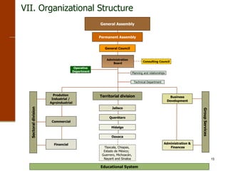Sectoral division Prodution  Industrial /  Agroindustrial Commercial Financial Group Services Business Development Administration &  Finances Territorial division Jalisco Querétaro Hidalgo Oaxaca Tlaxcala, Chiapas,  Estado de México;  Guerrero, Michoacán,  Nayarit and Sinaloa Educational System VII. Organizational Structure General Council General Assembly Permanent Assembly Consulting Council Administration  Board Operative Department Technical Department Planning and relationships 