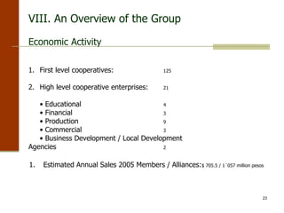 1. First level cooperatives:   125 2. High level cooperative enterprises: 21 •  Educational    4 •  Financial      3 •  Production    9 •  Commercial    3 •  Business Development / Local Development Agencies   2 Estimated Annual Sales 2005 Members / Alliances: $ 705.5 / 1 ´057 million pesos Economic Activity VIII. An Overview of the Group 
