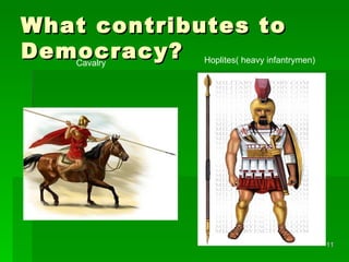 What contributes to Democracy? Hoplites( heavy infantrymen) Cavalry 
