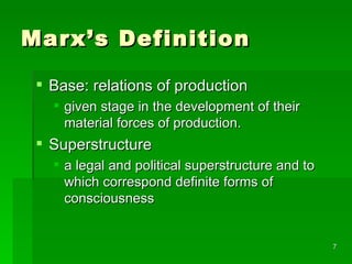 Marx’s Definition Base: relations of production given stage in the development of their material forces of production.  Superstructure a legal and political superstructure and to which correspond definite forms of consciousness  
