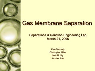 Gas Membrane Separation  Separations & Reaction Engineering Lab March 21, 2006 Kate Cannady Christopher Miller Matt Mobily Jennifer Pratt 