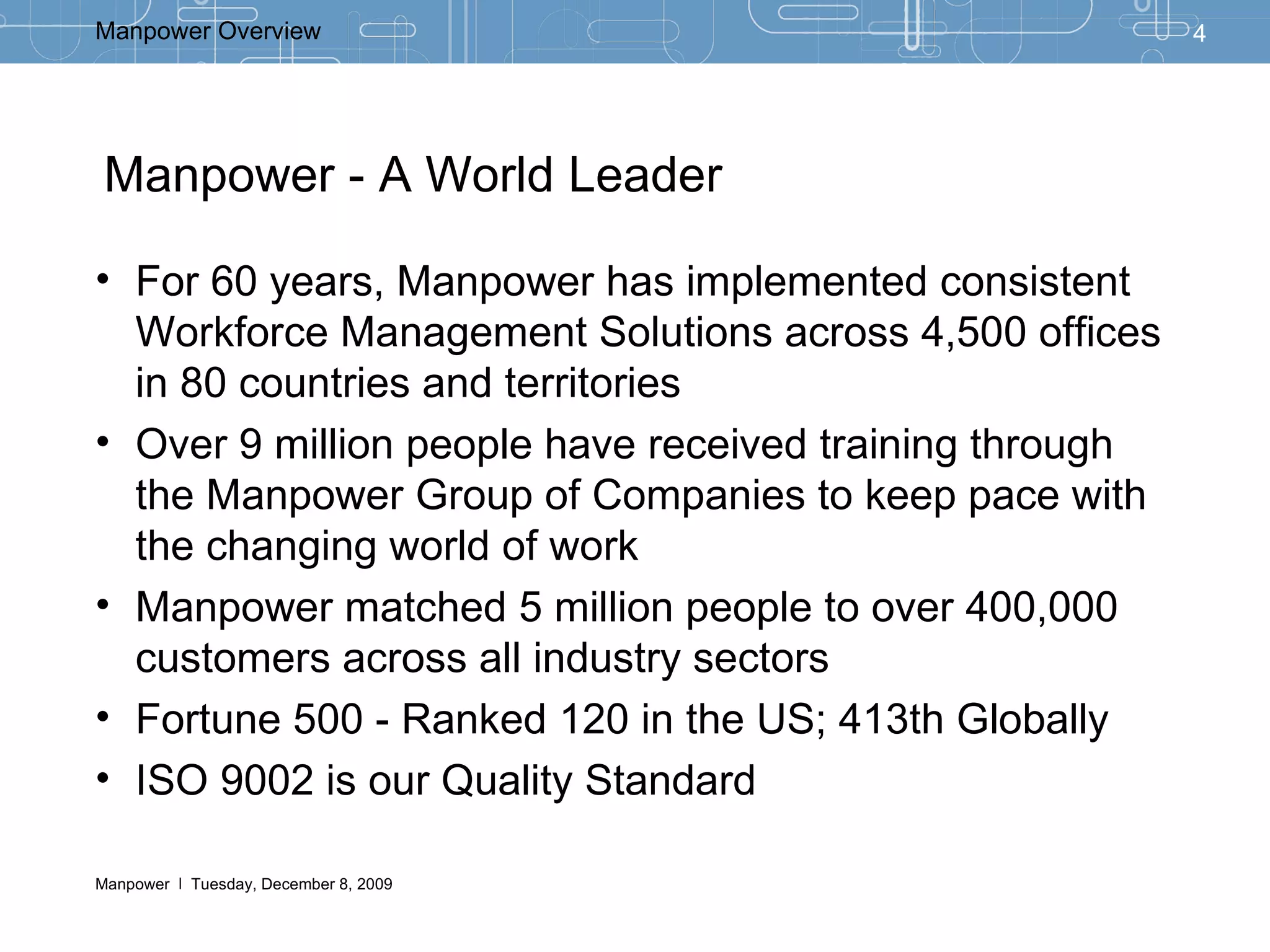 Manpower - A World Leader For 60 years, Manpower has implemented consistent Workforce Management Solutions across 4,500 offices in 80 countries and territories Over 9 million people have received training through the Manpower Group of Companies to keep pace with the changing world of work  Manpower matched 5 million people to over 400,000 customers across all industry sectors Fortune 500 - Ranked 120 in the US; 413th Globally ISO 9002 is our Quality Standard 