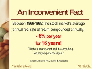 An Inconvenient Fact Between  1966-1982 , the stock market’s average  annual real rate of return compounded annually:   -  6%  per year  for  16 years!   “ That’s a bear market and it’s something  we may experience again.” Source: Art Laffer Ph. D. Laffer & Associates 