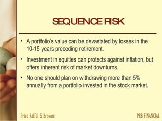 SEQUENCE RISK A portfolio’s value can be devastated by losses in the 10-15 years preceding retirement. Investment in equities can protects against inflation, but offers inherent risk of market downturns. No one should plan on withdrawing more than 5% annually from a portfolio invested in the stock market. 