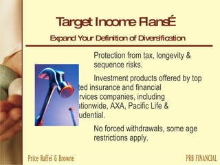 Target Income Plans…  Expand Your Definition of Diversification   Protection from tax, longevity &  sequence risks. Investment products offered by top  rated insurance and financial  services companies, including  Nationwide, AXA, Pacific Life &  Prudential. No forced withdrawals, some age  restrictions apply. 