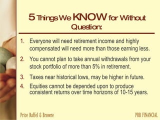 5  Things We  KNOW  for Without Question: Everyone will need retirement income and highly compensated will need more than those earning less. You cannot plan to take annual withdrawals from your stock portfolio of more than 5% in retirement. Taxes near historical lows, may be higher in future. Equities cannot be depended upon to produce consistent returns over time horizons of 10-15 years. 