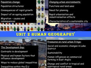 Unit 2 human geography Population change: Population structures Consequences of rapid growth Impact of an ageing population Migration – causes and consequences Changing urban environments: Functions and land uses Need for planning Rapid urbanisation and industrialisation effects Characteristics of a sustainable city The Development Gap: Contrasts in development Physical and human factors that influence development Ways to reduce global inequalities Inequalities within the E.U Pressures on rural urban fringe: Social and economic changes in Lake District Sustainability  Human influences on commercial farming in East Anglia Change and conflict in tropical and subtropical rural areas 