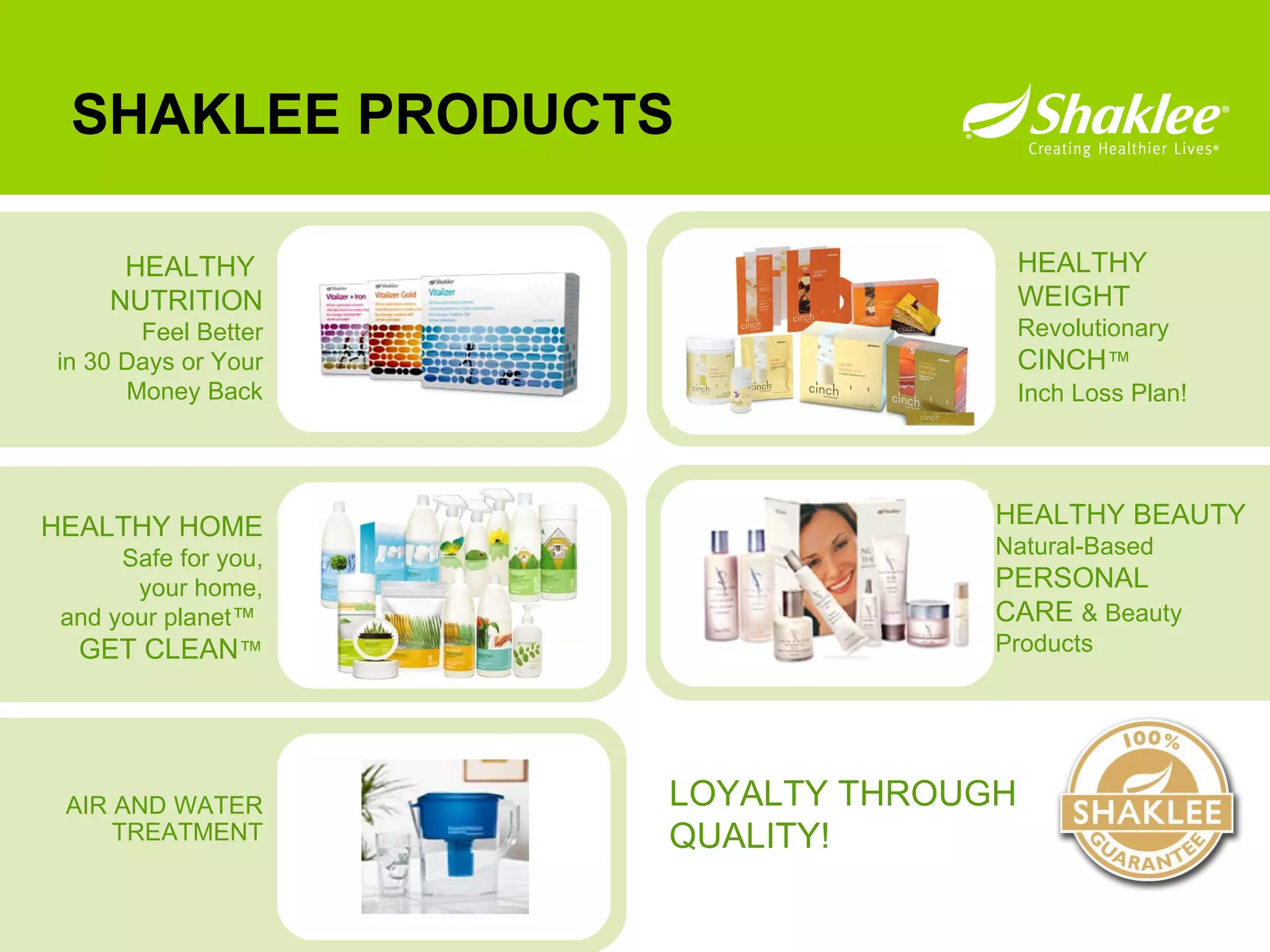 SHAKLEE PRODUCTS LOYALTY THROUGH QUALITY! HEALTHY BEAUTY Natural-Based PERSONAL CARE  & Beauty Products HEALTHY  NUTRITION Feel Better in 30 Days or Your Money Back HEALTHY HOME Safe for you, your home, and your planet™  GET CLEAN ™ HEALTHY  WEIGHT  Revolutionary CINCH ™ Inch Loss Plan! AIR AND WATER TREATMENT 