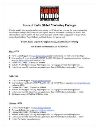 Internet Radio Global Marketing Packages
With the weekly internet radio audience increasing by 50% from last year and the at-work streaming
increasing an average of 43% over the past 4 years SwurvrRadio.com is cornering the market with
edited material from 6 am to 6 pm then uncut after 6pm. Our Dj’s spin independent to major artists
coming from the East, West, Midwest and South Coasts 365 days a year.

                Swurv Radio targets the digital music, entertainment seeking

                            trendsetters and tastemakers worldwide!

Silver - $250

! TWO Month Support on www.Swurvradio.com (personal one and one with your SwurvPage)
! Your single will be serviced to 27 SWURV RADIO DJ’S that will support your single on mix shows
  on www.Swurvradio.com (valued at $150)
! 5 COMMERCIALS ON SWURV RADIO
! Includes Weekly Spin Tracking Reports provided via Megaguide® and station playlists
! Listed in our monthly newsletter services to more than 60,000 industry tastemakers (2 mths)



Gold - $500

! THREE Month Support on www.Swurvradio.com
! Your single serviced to 27 SWRUV RADIO DJ’s UP COMING mix-tapes & www.Swurvradio.com
  (valued at $350)
! 15 COMMERCIALS ON SWURV RADIO
! Includes Weekly Spin Tracking Reports provided via Megaguide® and station playlists
! Listed in our monthly newsletter services to more than 60,000 industry tastemakers (3 mths)
! Ad Banner on top of SWURV RADIO website



Platinum - $750

!   THREE Month Support on www.Swurvradio.com
!   Pre-recorded interview to air on www.Swurvradio.com
!   20 COMMERCIALS ON SWURV RADIO
!   Includes Weekly Spin Tracking Reports provided via Megaguide® and station playlists
!   Listed in our monthly newsletter services to more than 60,000 industry tastemakers (3 mths)
!   468x60 Ad Banner on our homepage
 