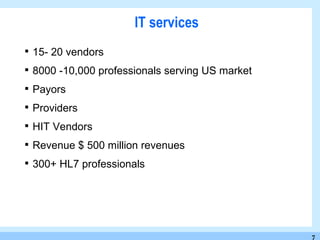 IT services 15- 20 vendors  8000 -10,000 professionals serving US market Payors Providers HIT Vendors Revenue $ 500 million revenues 300+ HL7 professionals 