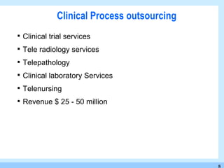Clinical Process outsourcing Clinical trial services Tele radiology services Telepathology Clinical laboratory Services Telenursing  Revenue $ 25 - 50 million  