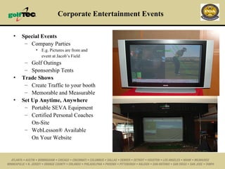 Corporate Entertainment Events Special Events Company Parties E.g. Pictures are from and  event at Jacob’s Field Golf Outings Sponsorship Tents Trade Shows Create Traffic to your booth Memorable and Measurable Set Up Anytime, Anywhere Portable SEVA Equipment Certified Personal Coaches  On-Site WebLesson® Available  On Your Website 