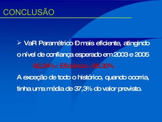 CONCLUSÃO VaR Paramétrico – mais eficiente, atingindo o nível de confiança esperado em 2003 e 2005 82,24%< Eficiência <96.30% A exceção de todo o histórico, quando ocorria, tinha uma média de 37,3% do valor previsto. 