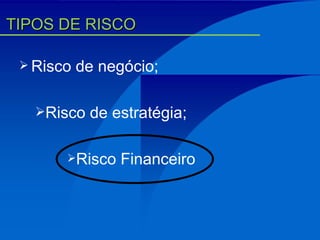 Risco de negócio; Risco de estratégia; Risco Financeiro TIPOS DE RISCO 
