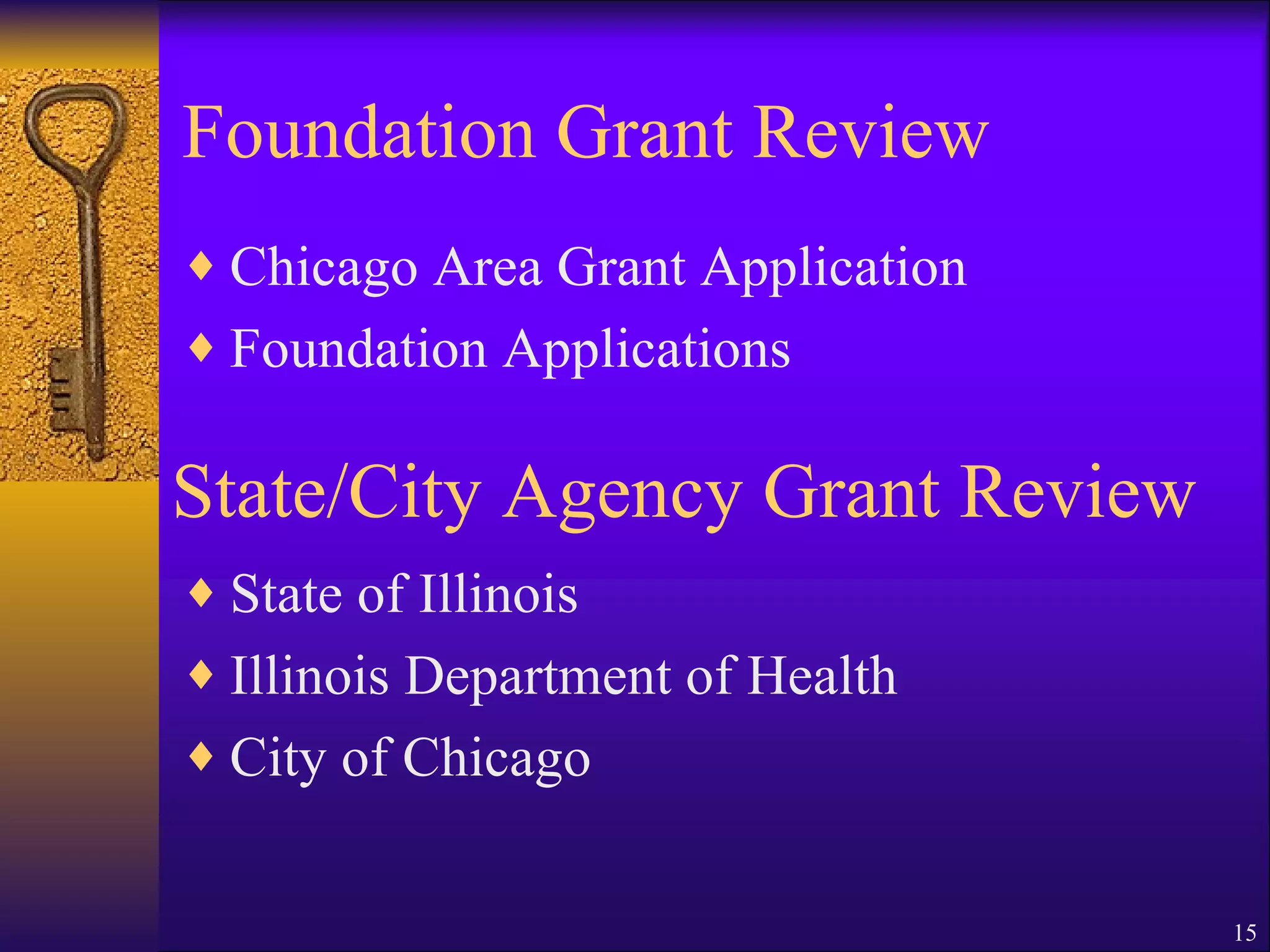 Foundation Grant Review Chicago Area Grant Application Foundation Applications State of Illinois Illinois Department of Health City of Chicago State/City Agency Grant Review 