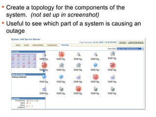 Keeping Track Create a topology for the components of the system.  (not set up in screenshot) Useful to see which part of a system is causing an outage 