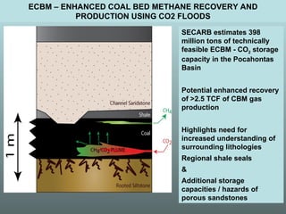 ECBM – ENHANCED COAL BED METHANE RECOVERY AND PRODUCTION USING CO2 FLOODS SECARB estimates 398 million tons of technically feasible ECBM - CO 2   storage capacity in the Pocahontas Basin Potential enhanced recovery of >2.5 TCF of CBM gas production Highlights need for increased understanding of surrounding lithologies Regional shale seals & Additional storage capacities / hazards of porous sandstones 