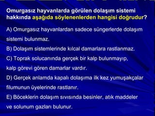 Omurgasız hayvanlarda görülen dolaşım sistemi hakkında  aşağıda söylenenlerden hangisi doğrudur ? A) Omurgasız hayvanlardan sadece süngerlerde dolaşım sistemi bulunmaz. B) Dolaşım sistemlerinde kılcal damarlara rastlanmaz. C) Toprak solucanında gerçek bir kalp bulunmayıp, kalp görevi gören damarlar vardır. D) Gerçek anlamda kapalı dolaşıma ilk kez yumuşakçalar filumunun üyelerinde rastlanır. E) Böceklerin dolaşım sıvısında besinler, atık maddeler ve solunum gazları bulunur. 