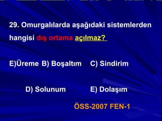 29. Omurgalılarda aşağıdaki sistemlerden hangisi  dış ortama  açılmaz?  Üreme  B) Boşaltım  C) Sindirim  D) Solunum  E) Dolaşım  ÖSS-2007 FEN-1 