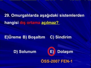 29. Omurgalılarda aşağıdaki sistemlerden hangisi  dış ortama  açılmaz?  Üreme  B) Boşaltım  C) Sindirim  D) Solunum  E)  Dolaşım  ÖSS-2007 FEN-1 