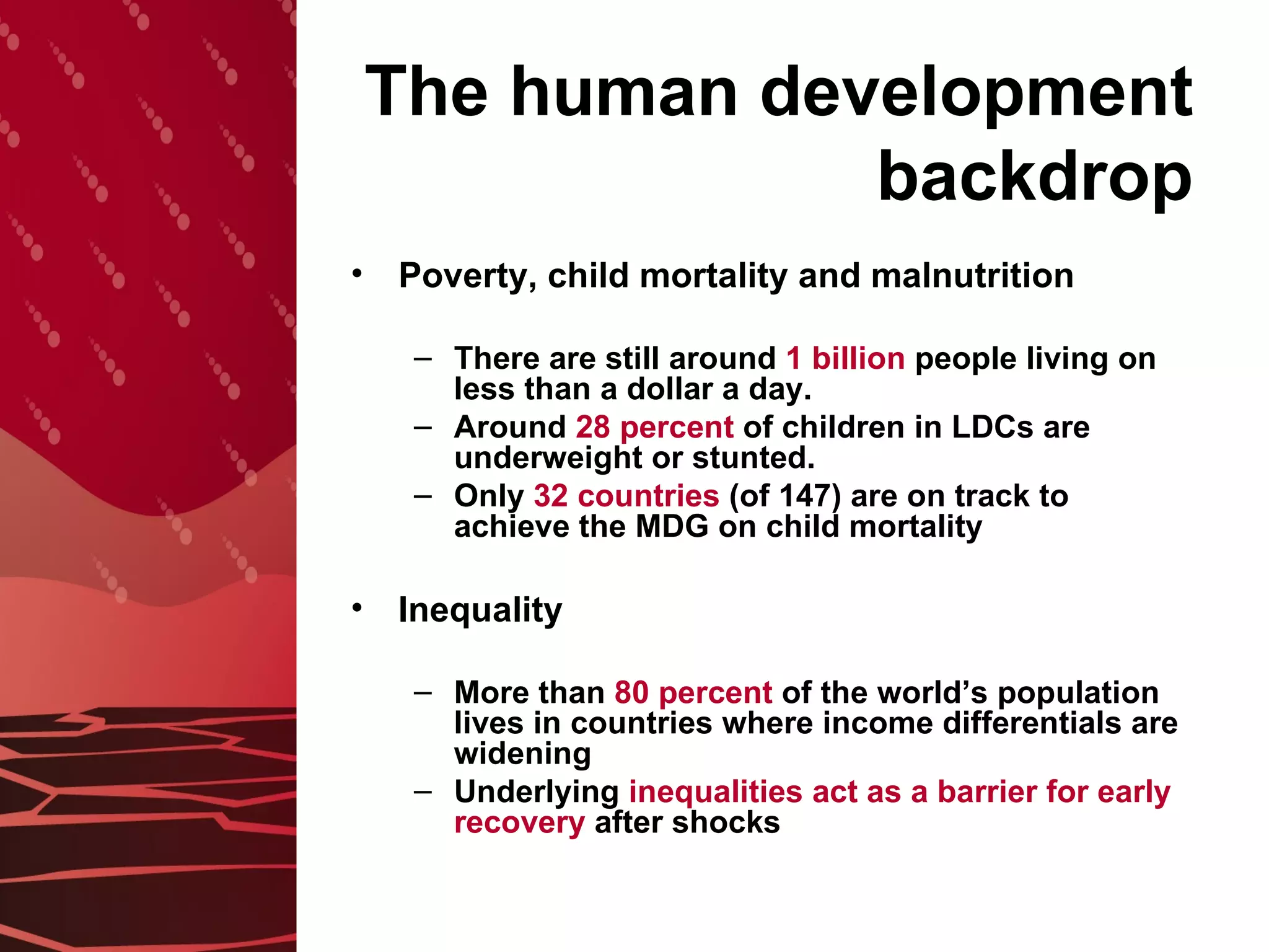 The human development backdrop Poverty, child mortality and malnutrition There are still around  1 billion  people living on less than a dollar a day.  Around  28 percent  of children in LDCs are underweight or stunted. Only  32 countries  (of 147) are on track to achieve the MDG on child mortality Inequality More than  80 percent  of the world’s population lives in countries where income differentials are widening Underlying  inequalities act as a barrier for early recovery  after shocks 