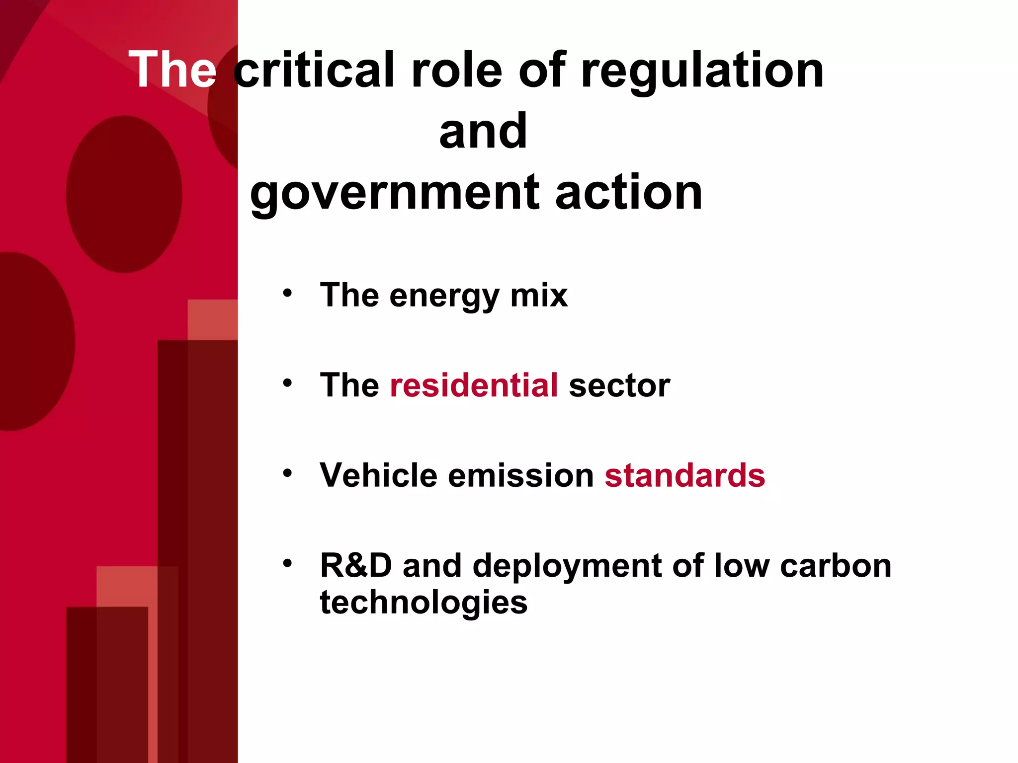 The  critical role of regulation  and government action  The energy mix The  residential  sector Vehicle emission  standards R&D and deployment of low carbon technologies 