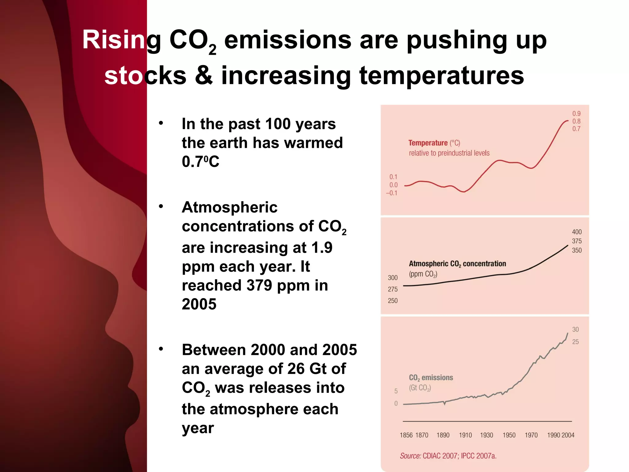 Risin g CO 2  emissions are pushing up  sto cks & increasing temperatures In the past 100 years the earth has warmed 0.7 0 C Atmospheric concentrations of CO 2  are increasing at 1.9 ppm each year. It reached 379 ppm in 2005 Between 2000 and 2005 an average of 26 Gt of CO 2  was releases into the atmosphere each year 