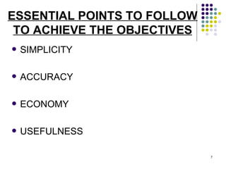 ESSENTIAL POINTS TO FOLLOW TO ACHIEVE THE OBJECTIVES SIMPLICITY ACCURACY ECONOMY USEFULNESS 
