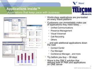 Applications Inside™  Applications that keep pace with business World-class applications are pre-loaded on every Wave platform Customers can immediately make use of applications they need today… Unified Communications Presence Management Visual Voicemail Call Recording Others … and add additional applications down the road Contact Center Fax Manager Conference Manager…and more Try before you buy – 30 days Wave is the ONLY solution that  delivers both IP PBX and applications on ONE server 