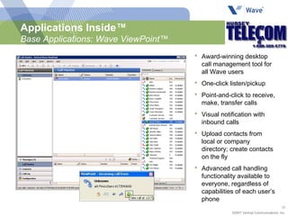 Applications Inside™ Base Applications: Wave ViewPoint™ Award-winning desktop call management tool for all Wave users One-click listen/pickup Point-and-click to receive, make, transfer calls Visual notification with inbound calls Upload contacts from local or company directory; create contacts on the fly Advanced call handling functionality available to everyone, regardless of capabilities of each user’s phone 