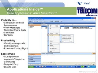 Applications Inside™ Base Applications: Wave ViewPoint™ Visibility to…. Call queues and call Appearances Voice Messages  Recorded Phone Calls Call Notes Contacts  Productivity  Visually manage calls and voicemails Extensive Contact Mgmt Ease of Use GUI replaces or augments Telephone Commands Drag and Drop  Click to Dial 