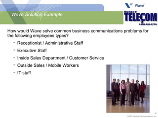 Wave Solution Example How would Wave solve common business communications problems for the following employees types? Receptionist / Administrative Staff  Executive Staff Inside Sales Department / Customer Service Outside Sales / Mobile Workers IT staff 