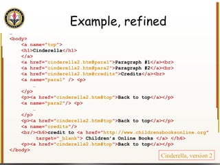 Example, refined … <body> <a name=" top "> <h1> Cinderella </h1> </a> <a href=" cinderella2.htm#para1 "> Paragraph #1 </a><br> <a href=" cinderella2.htm#para2 "> Paragraph #2 </a><br> <a href=" cinderella2.htm#credits "> Credits </a><br> <a name=" para1 " /> <p> … </p> <p><a href=" cinderella2.htm#top "> Back to top </a></p> <a name=" para2 "/> <p> … </p> <p><a href=" cinderella2.htm#top "> Back to top </a></p> <a name=" credits "/> <br/><h6> credit to  <a href=" http://www.childrensbooksonline.org " target=" _blank ">  Children’s Online Books  </a> </h6> <p><a href=" cinderella2.htm#top "> Back to top </a></p> </body> Cinderella, version 2 