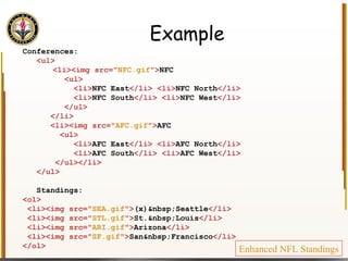 Example Conferences: <ul> <li><img src=" NFC.gif "> NFC <ul> <li> NFC East </li> <li> NFC North </li> <li> NFC South </li> <li> NFC West </li> </ul> </li> <li><img src=" AFC.gif "> AFC <ul> <li> AFC East </li> <li> AFC North </li> <li> AFC South </li> <li> AFC West </li> </ul></li> </ul> Standings: <ol> <li><img src=" SEA.gif "> (x)&nbsp;Seattle </li> <li><img src=" STL.gif "> St.&nbsp;Louis </li> <li><img src=" ARI.gif "> Arizona </li> <li><img src=" SF.gif "> San&nbsp;Francisco </li> </ol> Enhanced NFL Standings 