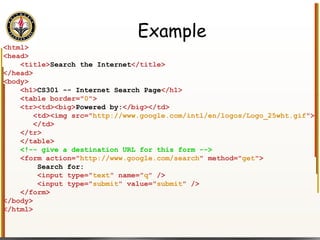 Example <html> <head> <title> Search the Internet </title> </head> <body> <h1> CS301 -- Internet Search Page </h1> <table border=" 0 "> <tr><td><big> Powered by: </big></td> <td><img src=" http://www.google.com/intl/en/logos/Logo_25wht.gif "> </td> </tr> </table> <!-- give a destination URL for this form --> <form action=" http://www.google.com/search " method=" get "> Search for: <input type=" text " name=" q " /> <input type=" submit " value=" submit " /> </form> </body> </html> 