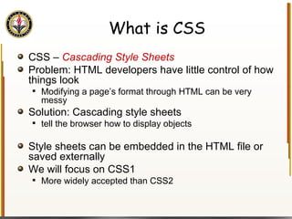 What is CSS CSS –  Cascading Style Sheets Problem: HTML developers have little control of how things look Modifying a page’s format through HTML can be very messy Solution: Cascading style sheets tell the browser how to display objects Style sheets can be embedded in the HTML file or saved externally We will focus on CSS1 More widely accepted than CSS2 