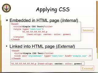 Applying CSS Embedded in HTML page ( Internal ) Linked into HTML page ( External ) <head> <title> Simple CSS Test</ title> <style type= "text/css" > h1,h2,h3,h4,h5,h6,p {text-align: center; color: green} </style> </head> <head> <title> Simple CSS Test </title> <link rel= "stylesheet"  type= "text/css"  href= "simple.css"  /> </head> Internal External h1,h2,h3,h4,h5,h6,p  { text-align : center;  color : green}   