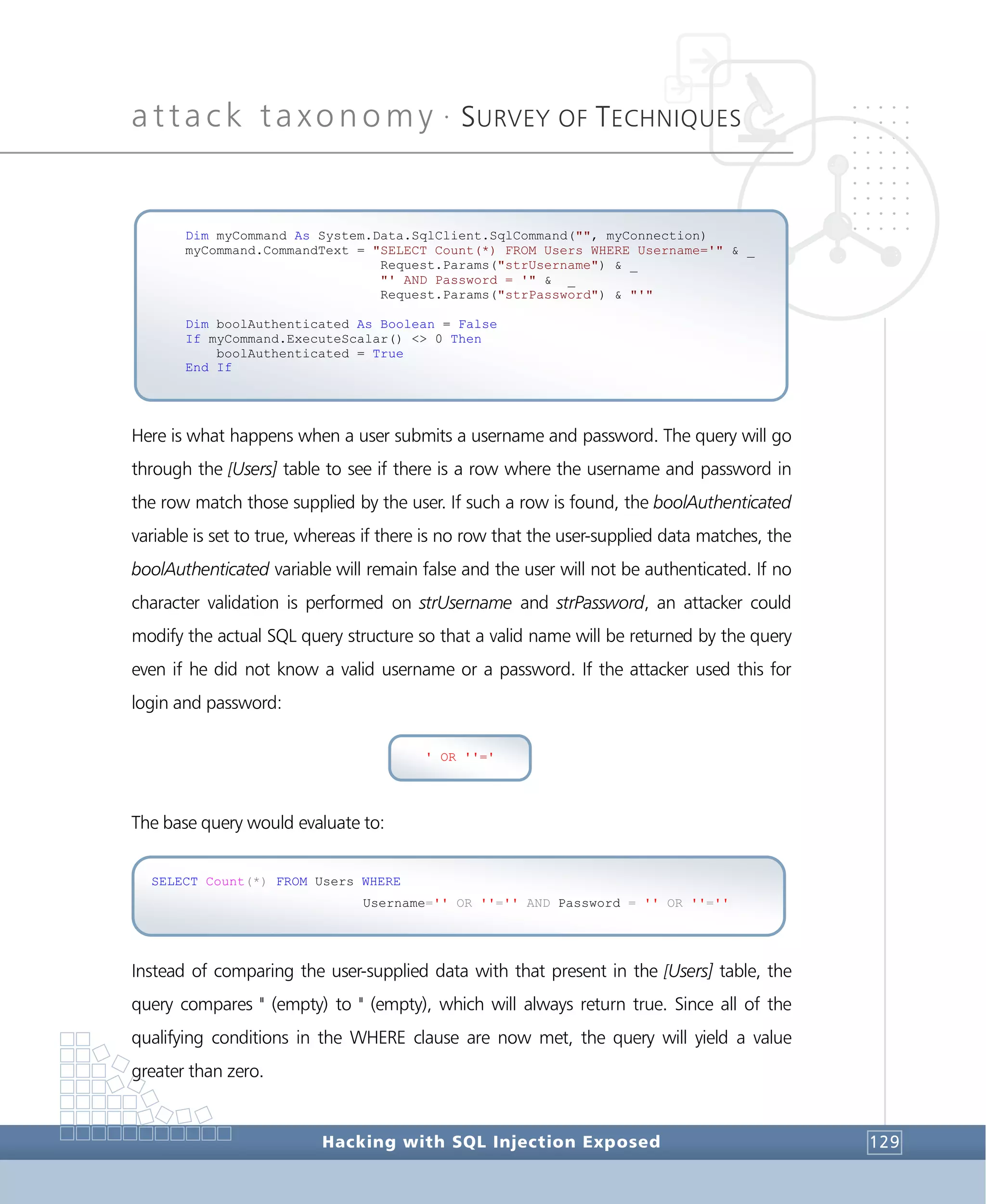 attack taxonomy •
SURVEY OF TECHNIQUES
Hacking with SQL Injection Exposed 129
Here is what happens when a user submits a username and password. The query will go
through the [Users] table to see if there is a row where the username and password in
the row match those supplied by the user. If such a row is found, the boolAuthenticated
variable is set to true, whereas if there is no row that the user-supplied data matches, the
boolAuthenticated variable will remain false and the user will not be authenticated. If no
character validation is performed on strUsername and strPassword, an attacker could
modify the actual SQL query structure so that a valid name will be returned by the query
even if he did not know a valid username or a password. If the attacker used this for
login and password:
The base query would evaluate to:
Instead of comparing the user-supplied data with that present in the [Users] table, the
query compares '' (empty) to '' (empty), which will always return true. Since all of the
qualifying conditions in the WHERE clause are now met, the query will yield a value
greater than zero.
SELECT Count(*) FROM Users WHERE
Username='' OR ''='' AND Password = '' OR ''=''
' OR ''='
Dim myCommand As System.Data.SqlClient.SqlCommand("", myConnection)
myCommand.CommandText = "SELECT Count(*) FROM Users WHERE Username='" & _
Request.Params("strUsername") & _
"' AND Password = '" & _
Request.Params("strPassword") & "'"
Dim boolAuthenticated As Boolean = False
If myCommand.ExecuteScalar() <> 0 Then
boolAuthenticated = True
End If
 