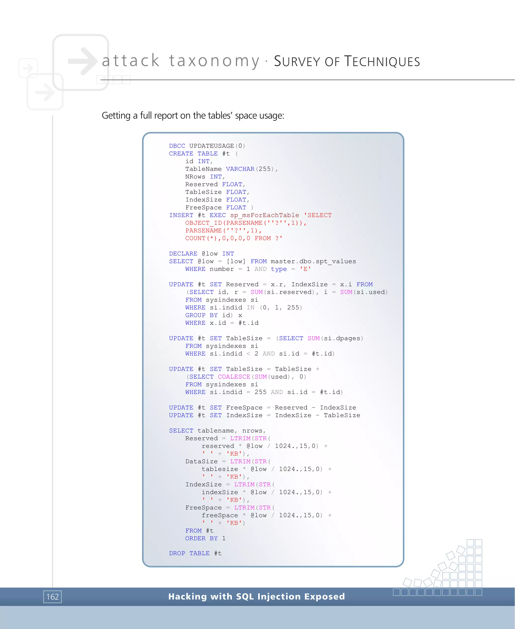 attack taxonomy •
SURVEY OF TECHNIQUES
Hacking with SQL Injection Exposed162
Getting a full report on the tables’ space usage:
DBCC UPDATEUSAGE(0)
CREATE TABLE #t (
id INT,
TableName VARCHAR(255),
NRows INT,
Reserved FLOAT,
TableSize FLOAT,
IndexSize FLOAT,
FreeSpace FLOAT )
INSERT #t EXEC sp_msForEachTable 'SELECT
OBJECT_ID(PARSENAME(''?'',1)),
PARSENAME(''?'',1),
COUNT(*),0,0,0,0 FROM ?'
DECLARE @low INT
SELECT @low = [low] FROM master.dbo.spt_values
WHERE number = 1 AND type = 'E'
UPDATE #t SET Reserved = x.r, IndexSize = x.i FROM
(SELECT id, r = SUM(si.reserved), i = SUM(si.used)
FROM sysindexes si
WHERE si.indid IN (0, 1, 255)
GROUP BY id) x
WHERE x.id = #t.id
UPDATE #t SET TableSize = (SELECT SUM(si.dpages)
FROM sysindexes si
WHERE si.indid < 2 AND si.id = #t.id)
UPDATE #t SET TableSize = TableSize +
(SELECT COALESCE(SUM(used), 0)
FROM sysindexes si
WHERE si.indid = 255 AND si.id = #t.id)
UPDATE #t SET FreeSpace = Reserved - IndexSize
UPDATE #t SET IndexSize = IndexSize - TableSize
SELECT tablename, nrows,
Reserved = LTRIM(STR(
reserved * @low / 1024.,15,0) +
' ' + 'KB'),
DataSize = LTRIM(STR(
tablesize * @low / 1024.,15,0) +
' ' + 'KB'),
IndexSize = LTRIM(STR(
indexSize * @low / 1024.,15,0) +
' ' + 'KB'),
FreeSpace = LTRIM(STR(
freeSpace * @low / 1024.,15,0) +
' ' + 'KB')
FROM #t
ORDER BY 1
DROP TABLE #t
 