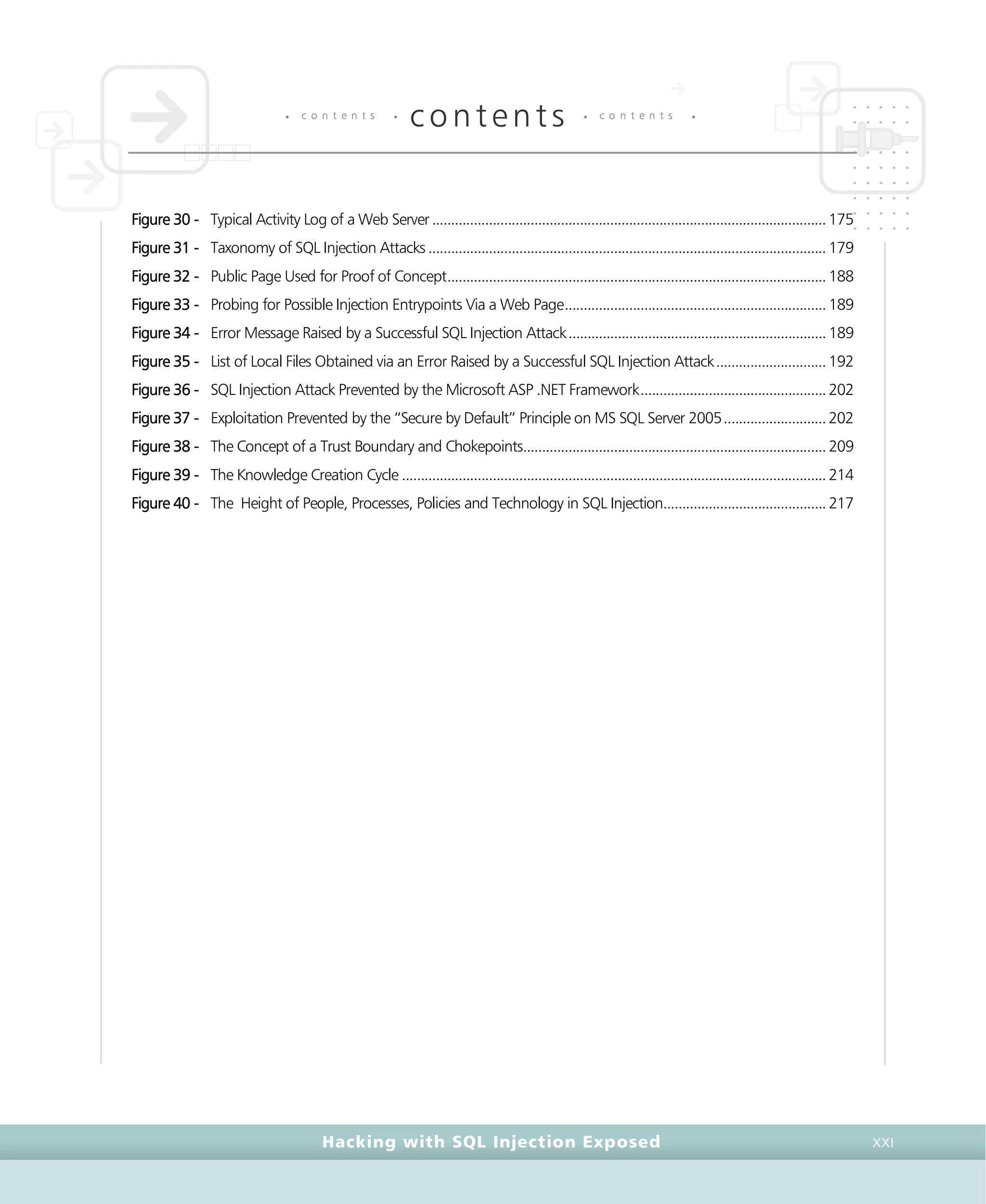 • c o n t e n t s •
contents • c o n t e n t s •
Hacking with SQL Injection Exposed XXI
Figure 30 - Typical Activity Log of a Web Server........................................................................................................175
Figure 31 - Taxonomy of SQL Injection Attacks .........................................................................................................179
Figure 32 - Public Page Used for Proof of Concept....................................................................................................188
Figure 33 - Probing for Possible Injection Entrypoints Via a Web Page.....................................................................189
Figure 34 - Error Message Raised by a Successful SQL Injection Attack....................................................................189
Figure 35 - List of Local Files Obtained via an Error Raised by a Successful SQL Injection Attack.............................192
Figure 36 - SQL Injection Attack Prevented by the Microsoft ASP .NET Framework.................................................202
Figure 37 - Exploitation Prevented by the “Secure by Default” Principle on MS SQL Server 2005...........................202
Figure 38 - The Concept of a Trust Boundary and Chokepoints................................................................................209
Figure 39 - The Knowledge Creation Cycle ................................................................................................................214
Figure 40 - The Height of People, Processes, Policies and Technology in SQL Injection...........................................217
 
