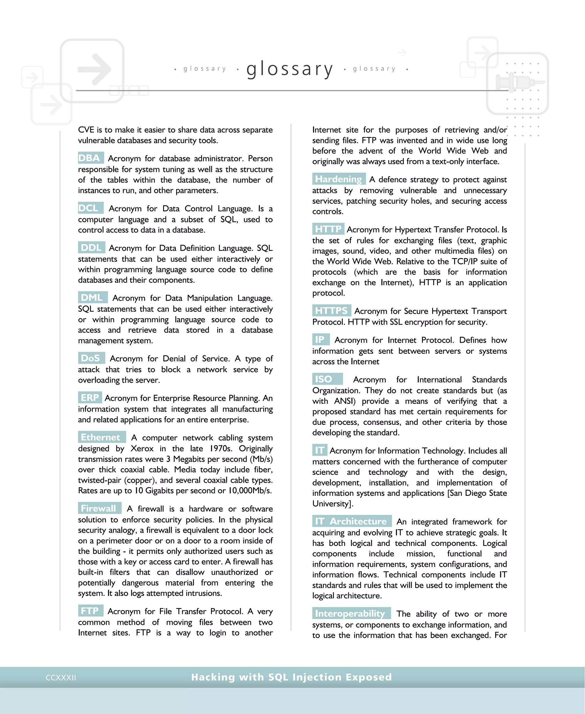 • g l o s s a r y •
glossary • g l o s s a r y •
Hacking with SQL Injection ExposedCCXXXII
CVE is to make it easier to share data across separate
vulnerable databases and security tools.
DBA Acronym for database administrator. Person
responsible for system tuning as well as the structure
of the tables within the database, the number of
instances to run, and other parameters.
DCL Acronym for Data Control Language. Is a
computer language and a subset of SQL, used to
control access to data in a database.
DDL Acronym for Data Definition Language. SQL
statements that can be used either interactively or
within programming language source code to define
databases and their components.
DML Acronym for Data Manipulation Language.
SQL statements that can be used either interactively
or within programming language source code to
access and retrieve data stored in a database
management system.
DoS Acronym for Denial of Service. A type of
attack that tries to block a network service by
overloading the server.
ERP Acronym for Enterprise Resource Planning. An
information system that integrates all manufacturing
and related applications for an entire enterprise.
Ethernet A computer network cabling system
designed by Xerox in the late 1970s. Originally
transmission rates were 3 Megabits per second (Mb/s)
over thick coaxial cable. Media today include fiber,
twisted-pair (copper), and several coaxial cable types.
Rates are up to 10 Gigabits per second or 10,000Mb/s.
Firewall A firewall is a hardware or software
solution to enforce security policies. In the physical
security analogy, a firewall is equivalent to a door lock
on a perimeter door or on a door to a room inside of
the building - it permits only authorized users such as
those with a key or access card to enter. A firewall has
built-in filters that can disallow unauthorized or
potentially dangerous material from entering the
system. It also logs attempted intrusions.
FTP Acronym for File Transfer Protocol. A very
common method of moving files between two
Internet sites. FTP is a way to login to another
Internet site for the purposes of retrieving and/or
sending files. FTP was invented and in wide use long
before the advent of the World Wide Web and
originally was always used from a text-only interface.
Hardening A defence strategy to protect against
attacks by removing vulnerable and unnecessary
services, patching security holes, and securing access
controls.
HTTP Acronym for Hypertext Transfer Protocol. Is
the set of rules for exchanging files (text, graphic
images, sound, video, and other multimedia files) on
the World Wide Web. Relative to the TCP/IP suite of
protocols (which are the basis for information
exchange on the Internet), HTTP is an application
protocol.
HTTPS Acronym for Secure Hypertext Transport
Protocol. HTTP with SSL encryption for security.
IP Acronym for Internet Protocol. Defines how
information gets sent between servers or systems
across the Internet
ISO Acronym for International Standards
Organization. They do not create standards but (as
with ANSI) provide a means of verifying that a
proposed standard has met certain requirements for
due process, consensus, and other criteria by those
developing the standard.
IT Acronym for Information Technology. Includes all
matters concerned with the furtherance of computer
science and technology and with the design,
development, installation, and implementation of
information systems and applications [San Diego State
University].
IT Architecture An integrated framework for
acquiring and evolving IT to achieve strategic goals. It
has both logical and technical components. Logical
components include mission, functional and
information requirements, system configurations, and
information flows. Technical components include IT
standards and rules that will be used to implement the
logical architecture.
Interoperability The ability of two or more
systems, or components to exchange information, and
to use the information that has been exchanged. For
 